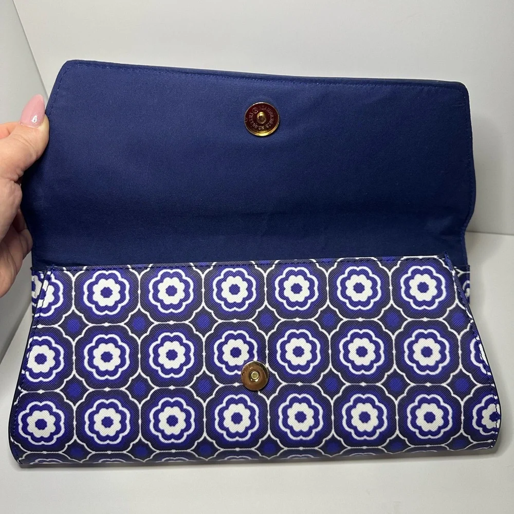 Trina Turk New Medallion Herringbone Blue & White Faux Envelope Leather Clutch